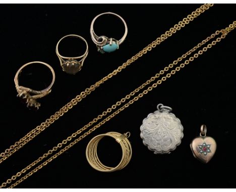 Gold rings and locket, three gem set rings, two marked 9 ct one unmarked, and a ring of seven fine bands, 18 ct  a gold  lock