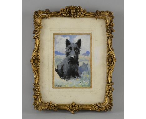 Portrait of a Scottie dog with monogrammed signature MGM, gouache. 14cm x 10cm 
