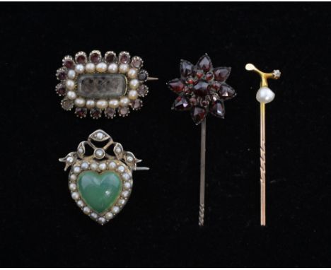 19th C French heart form brooch, a memorial brooch, a pin with pearl and small diamond,  and two garnet set pins 
