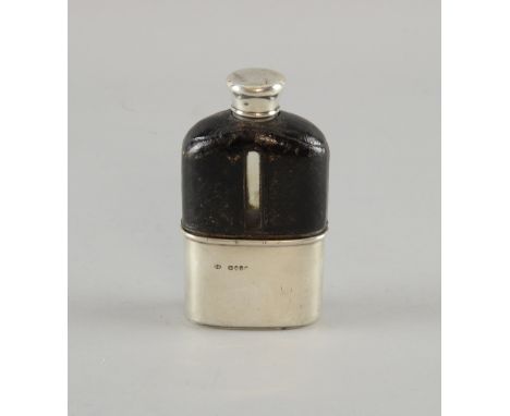 Victorian silver mounted, leather and glass hip flask, by Thomas Johnson I, London, 1867, 10.5cm high,