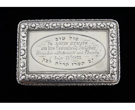 Victorian engine turned snuff box, the hinged cover with raised foliate border around an inscription, To Louis Hymans on his 