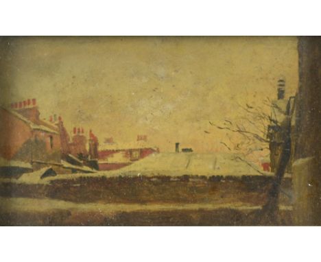 Snow capped roof tops oil on board unsigned 13cm by 23cm Provenance; Gifted by Rosemary Tonks 1928-2014, to the vendor when s