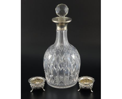Modern silver mounted and cut glass swan dish with pivoting wings, import marks for London, 1961, silver collared decanter, 2