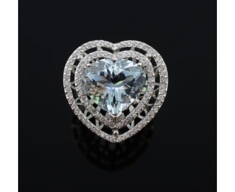 Large aquamarine and diamond heart ring, the central aquamarine of 5.5 carats within a double diamond set border  