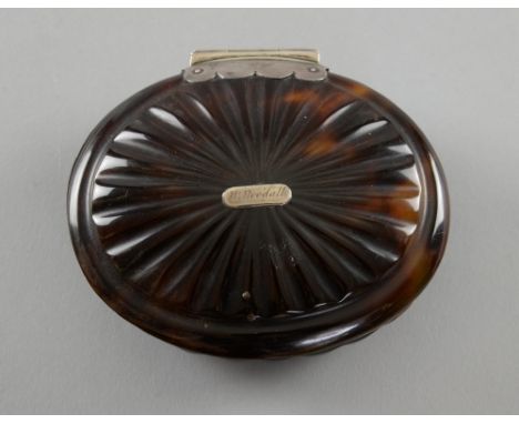 18th century oval tortoiseshell tobacco box with silver hinge and name plaque W. Woodall 9cm X 7cmProvenance:  Purchased from