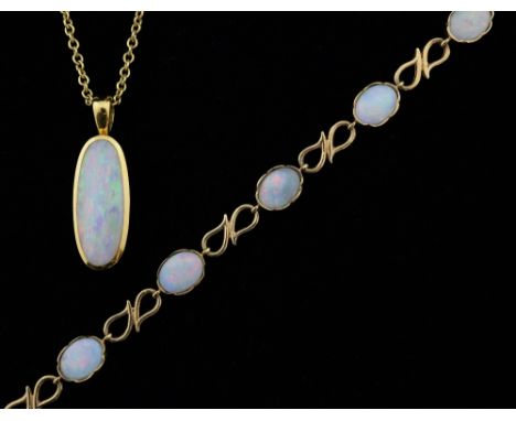 Opal pendant and bracelet, the pendant set with a single oval cabochon-cut opal within in a gold rub-over setting to a 18 ct 