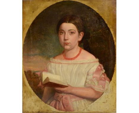 19th Century portrait of a young girl with a book unsigned oil on canvas 60cm x 50cm Provenance:   Single owner collection
