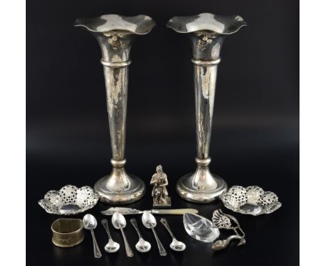 Pair of Edward VII silver trumpet vases, by Williams Ltd., Birmingham, 1906, 31.5cm high, pair of pierced bonbon dishes, teas