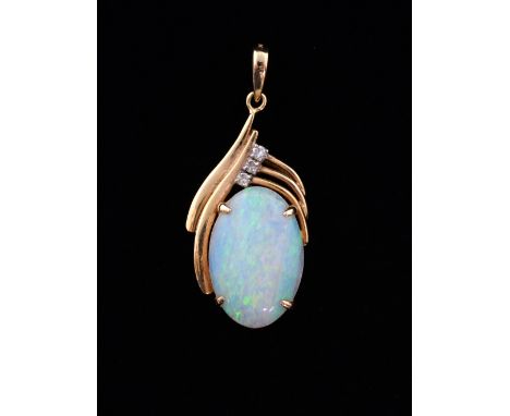 Opal and diamond pendant, cabochon-cut opal within a gold surround set with three diamonds. Mounted in yellow metal tested as