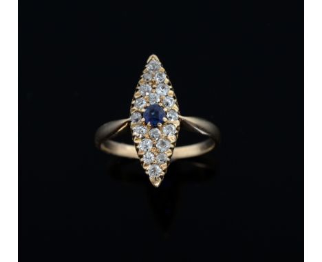 Edwardian sapphire and diamond cluster ring. marquise shape set with a sapphire to the centre to a surround of old-cut diamon