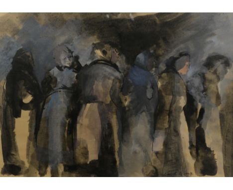 Liesbeth de Jong, The Bread Queue, Watercolour sketch, 26cm x 37cm together with a Pencil study for the work, 33cm x30cm