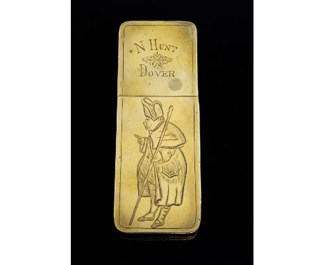 Rectangular brass tobacco box with three compartments, the smallest a match case with striker, the top inscribed N Hunt, Dove