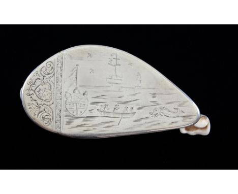18th Century Cowrie shell snuff box , the hinged silver cover engraved with five figures rowing to a galleon with three disti