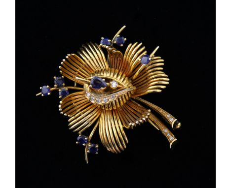  1950's brooch, sapphire, diamond and gold flower, mounted in 18 ct gold 