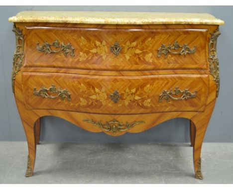20th century marble topped and serpentine fronted bombe commode chest of two drawers, with marquetry inlaid decoration, cast 