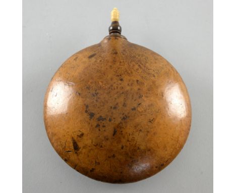 An unusual Burrwood flask of compressed circular, form the screw in top with ivory insert.. 11cm DiameterPart of the Michael 