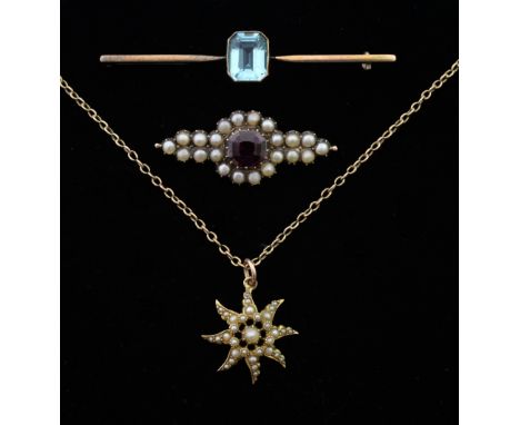 Victorian seed pearl star pendant and chain, a Victorian rhodolite garnet and pearl brooch and a blue paste bar brooch in 9ct