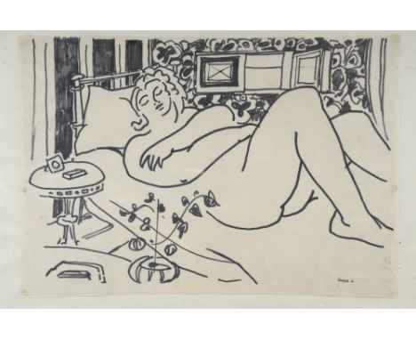 Anthony Staynes (1922-1998) pen and ink of a women on a bed signed and dated 61, 33cm x 48cmProvenance; Gifted by Rosemary To