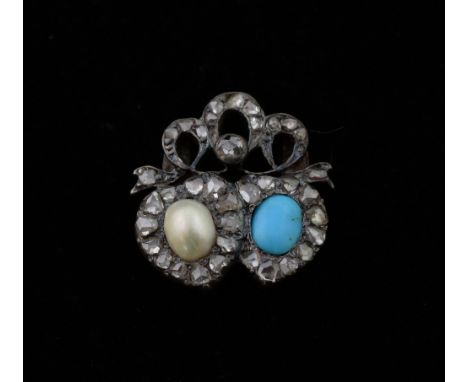 19th C double heart choker brooch, set with turquoise and pearl, within a border set with rose cut diamonds, metal unmarked  
