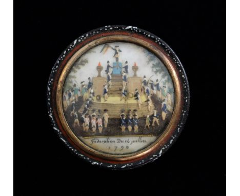 A late 18th century circular papier-mache box, the cover with a three dimensional tableau commemorating Federation of 14th Ju