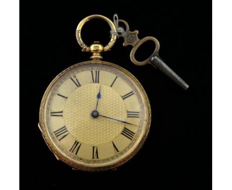 19th Century  ladies gold pocket watch, the face with gold engine turned decoration, case engraved and with blank cartouche, 