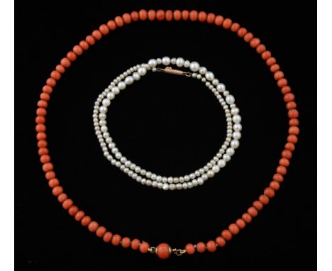 Victorian coral and pearl necklaces, the pearl necklace with vari-form pearls to a gold barrel clasp, stamped 9 ct, the coral