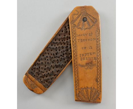 18th century French boxwood snuff rasp, Engraved  Jacques Trochon and dated 12 Septembre1733. 16.5cm X 5cmProvenance M. Eckst