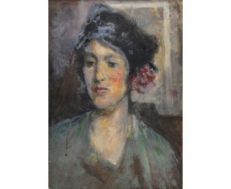 Charles Gogin  ( British 1844-1931) 1920's portrait of a young women with a flower in her hair, signed and inscribed verso 50