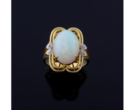 Opal, gold and diamond dress ring,  oval cabochon-cut opal within an openwork gold border and diamond set to the shoulders, M