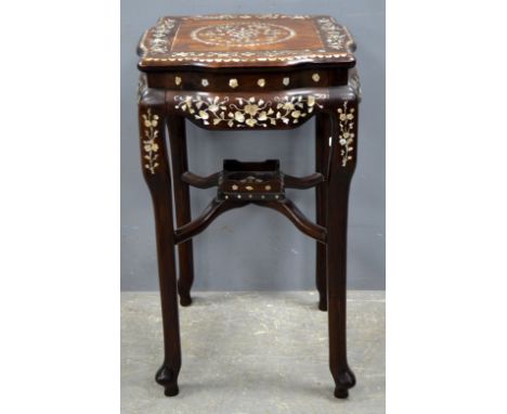 Chinese rosewood and mother of pearl inlaid two tier stand with floral and foliate decoration, on four shaped supports, 76cm 