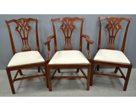 Set of eight 20th century Chippendale style dining chairs with cream upholstered drop in seats (6+2)