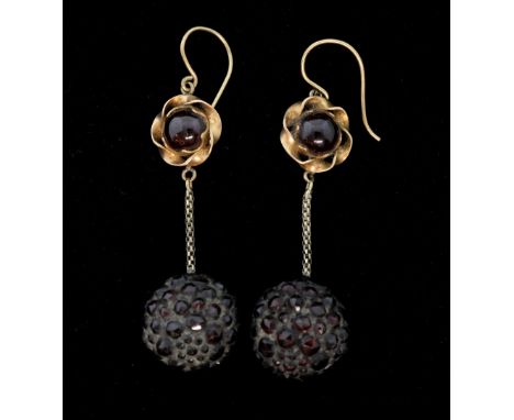 Victorian Bohemian garnet spherical drop earrings, suspended from a gold twist surround with cabochon garnet to the centre mo