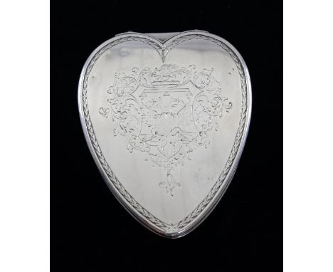 18th Century unmarked white metal heart shaped snuff box, the hinged cover engraved with the arms of the Speke family of Some