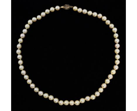 A single row freshwater cultured pearl necklace. Length 44 cm  