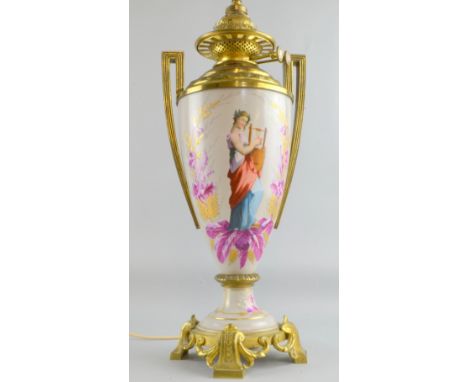 19th Century porcelain and gilt metal mounted base of an oil lamp converted to a lamp, 60cm.