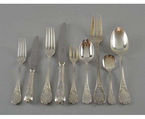 Christofle 'Marly' pattern silver plated flatware, comprising twenty four dinner knives, twenty four dessert spoons and forks