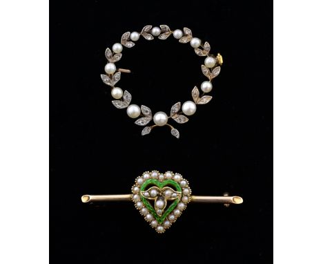 Two Edwardian brooches, heart and wreath, emerald green enamel within a pearl border and a pearl and rose cut diamond  set wr