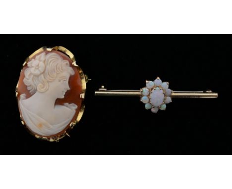 Carved shell cameo brooch, in 14 ct gold, and a 9 ct gold opal cluster bar brooch. 