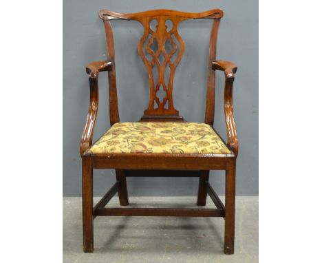 19th century mahogany Chippendale style armchair, with drop in seat on front square legs united by 'H' stretcher