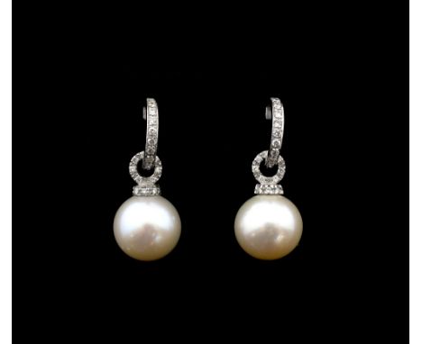 Pearl and diamond drop earrings, comprising of a South Sea pearl measuring 11mm with a pave top and  hoops mounted in 18 ct w