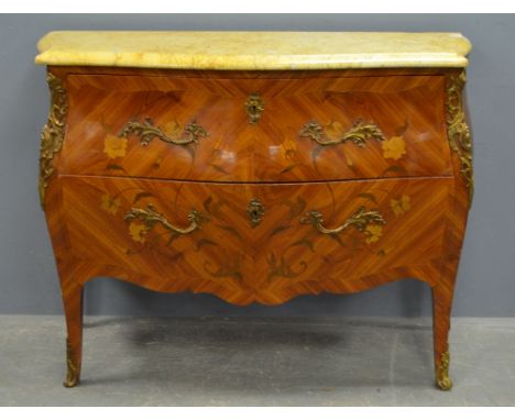 20th Century rosewood bombe commode of two drawers with marble top and gilt metal mounts. 90cm x 120cm x 50cm