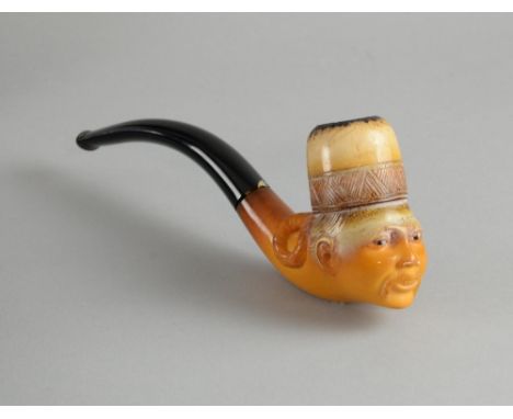 Unusual meershaum pipe, in the form of a Chinese man's head inset with glass eyes