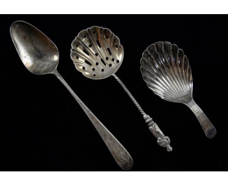 George III silver shell form caddy spoon with bright cut decoration, by Edward Mayfield, London, 1801, a teaspoon and a sifte