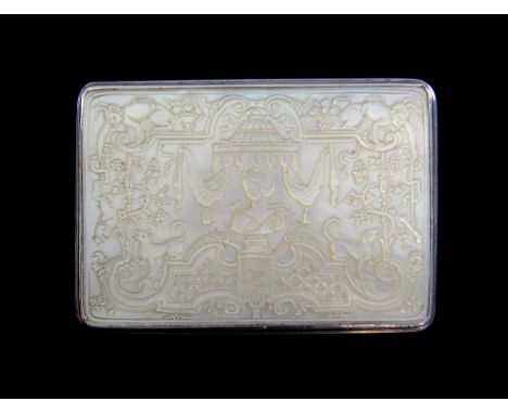 19th century French rectangular mother-of-pearl snuff box, the cover carved with a bust of Diana within a setting of animals 