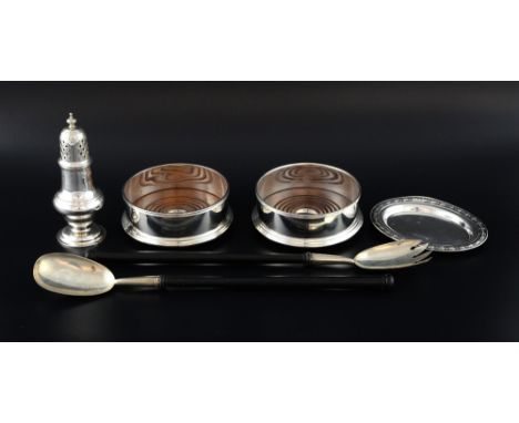 Pair of modern silver mounted wine bottle coasters by Garrard & Co., London, 1997, pair of salad servers, Birmingham 1906, sm