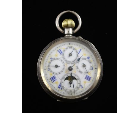 19th century continental silver pocket chronometer with enamelled dial  with subsidiary Month, Day Hour, second dial and moon