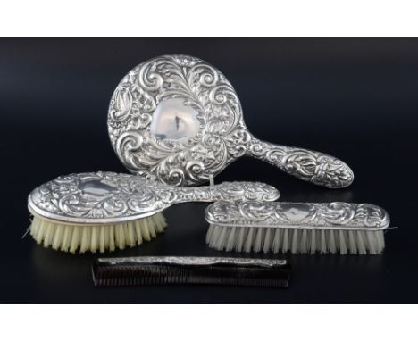 Modern silver backed dressing table set, comprising two brushes, comb and mirror, by W I Broadway & Co., Birmingham, 1985, in