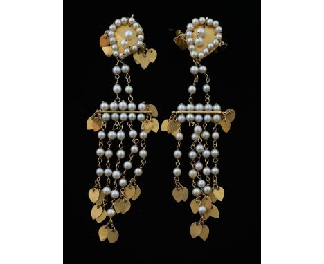 A pair of pearl set chandelier earrings, with leaf form plaque suspending  pearls on fine chain, pearls of varying colour, si