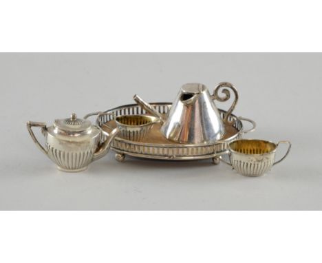 Edward VII miniature three piece tea service on gallery tray. Birmingham 1904 by Cornelius Desormeaux Saunders & James Franci