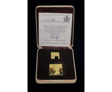 The British stamp Replica Issue- Penny Black, The œ1 Machin 18th June 1973 replica 22ct stamp with certificate and box No. 16